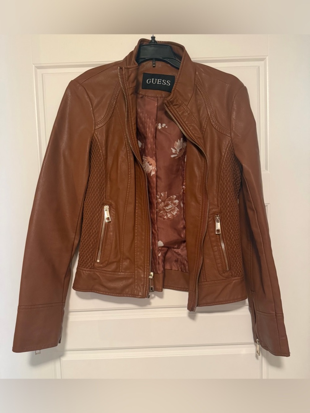 GUESS Tan Faux Leather Moto Jacket with Floral Lining